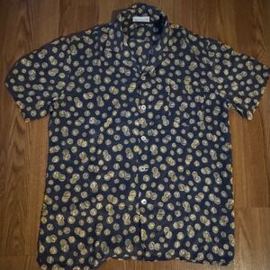 Olivia Von Halle Navy & Gold Patterned‎ Silk Satin Women’s Pajama Shirt Size L
